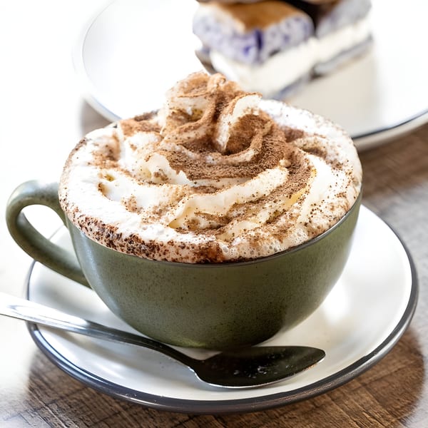 A Village Coffee latte with whipped cream and cinnamon in a green mug on a wooden table.